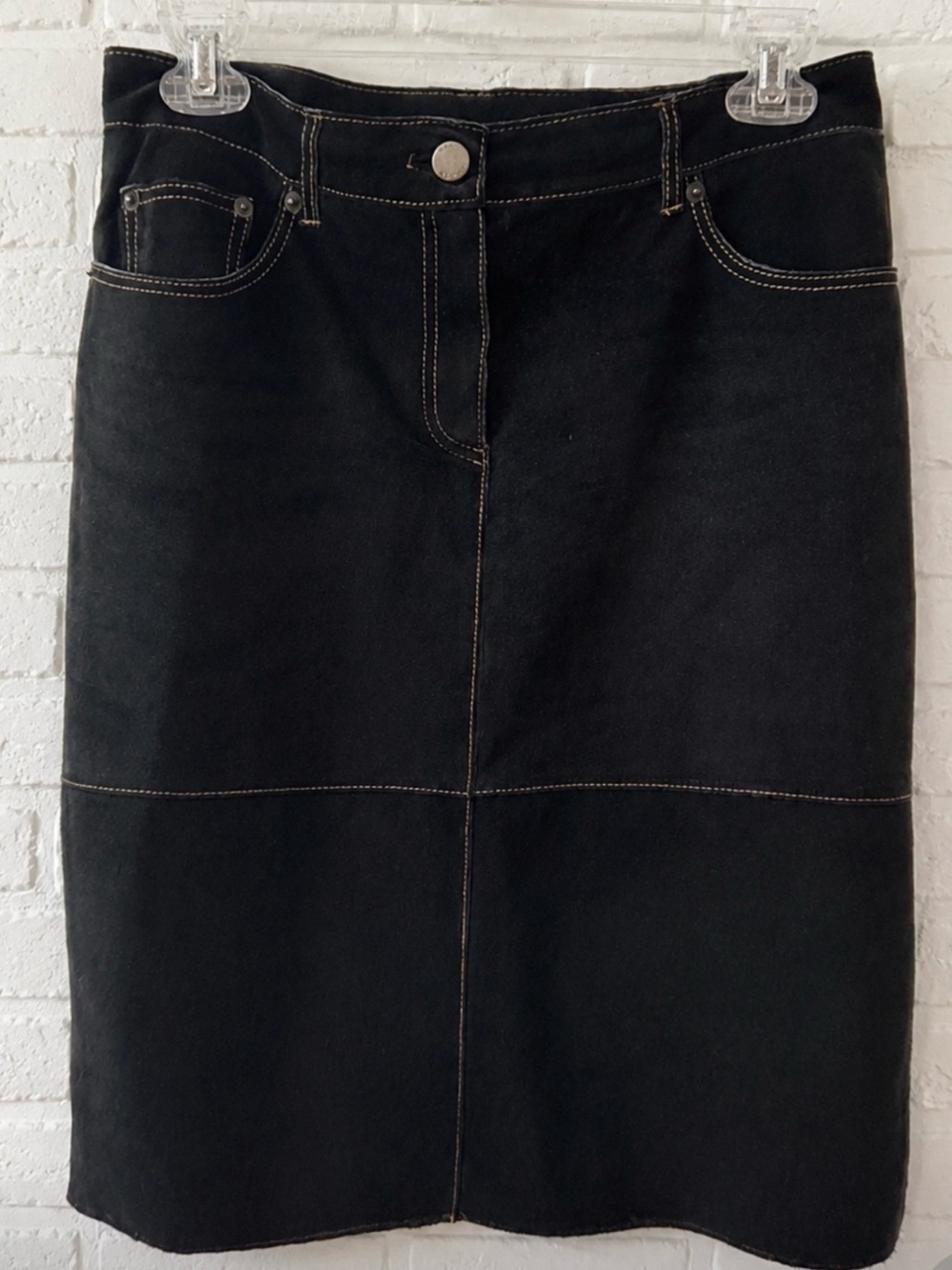 Y2K Navy Genuine Leather Pencil Midi Skirt Office Siren Dark Academia Size 4